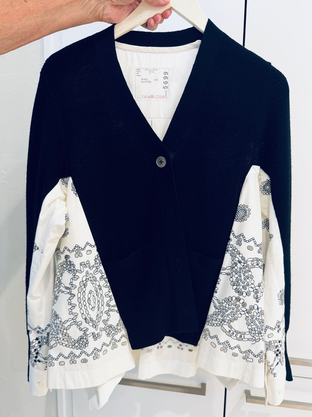 Sacai Black Knit Cardigan with Printed White Sleeve Panels
